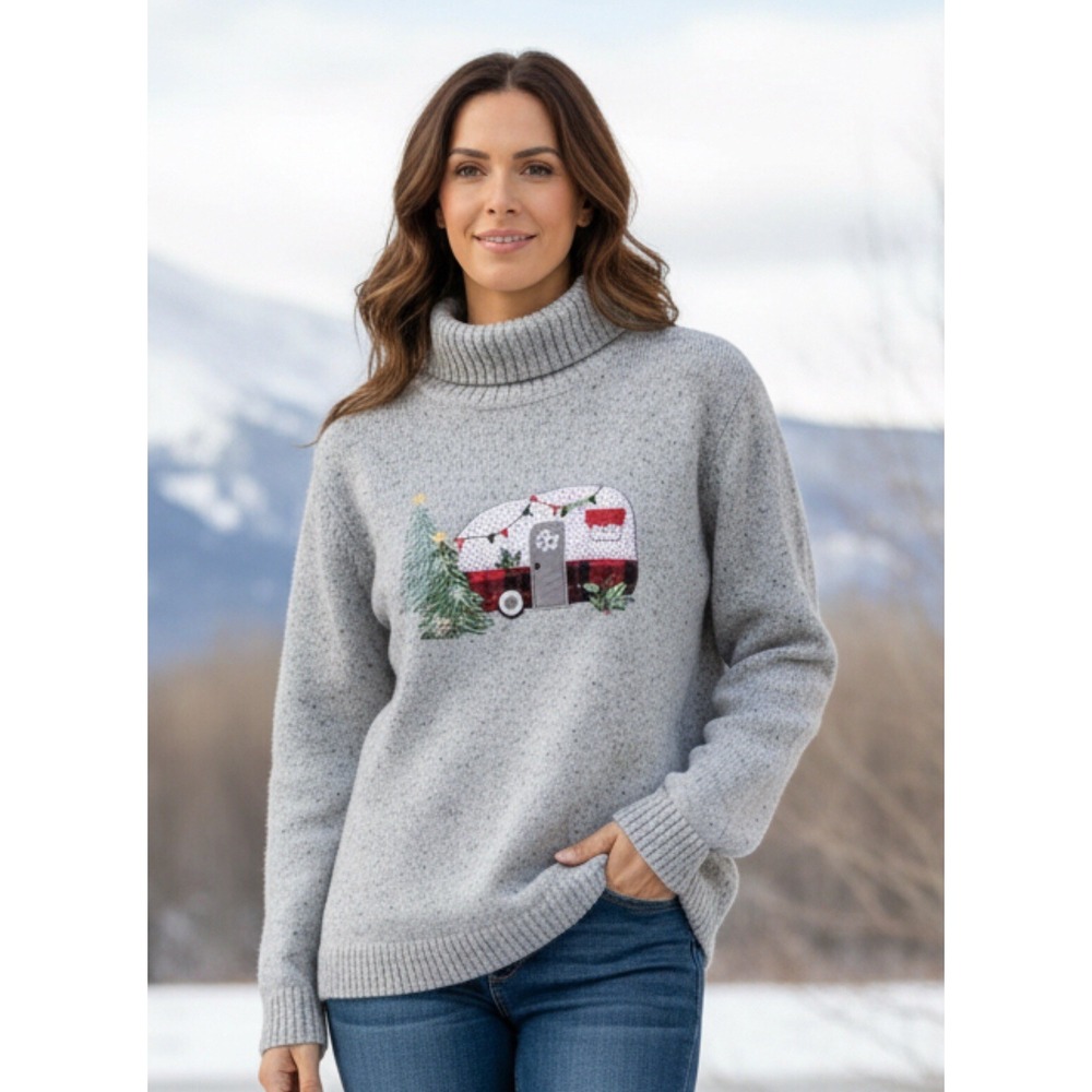 Christopher & Banks Christmas Camper Winter‎ Sweater Turtleneck Grey Sz 1x